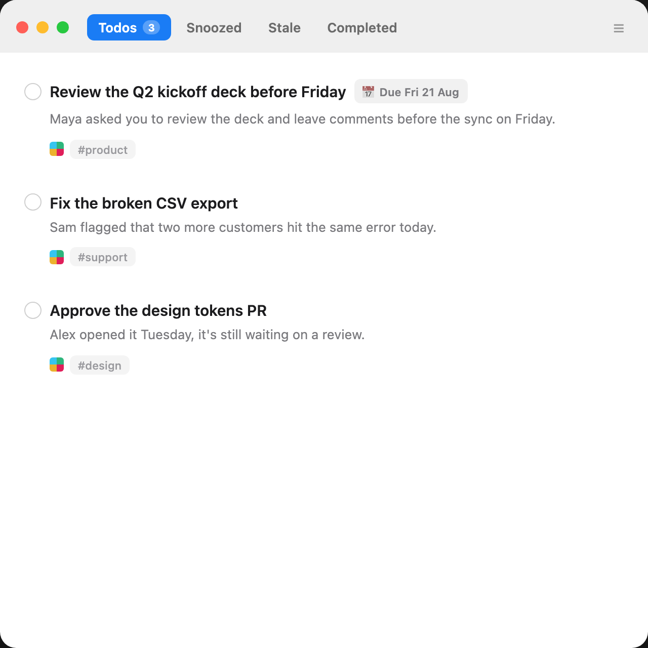 Sift's todo list, showing items pulled from Slack mentions and threads